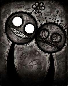 an abstract painting of two faces with circles on their eyes and nose, in black and white