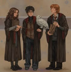 three harry potters holding an owl in their hands