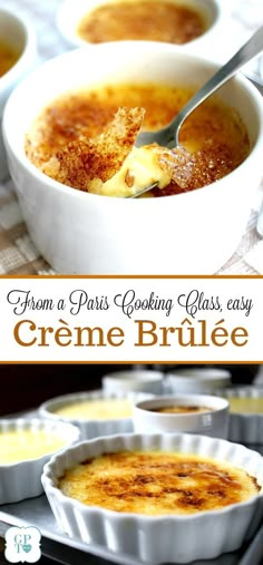 this is an image of creme brulee in white bowls with spoons