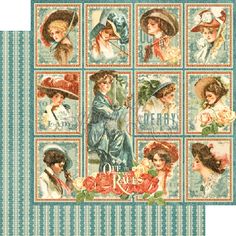 a set of four vintage postcards with women in hats and dresses on them, each featuring