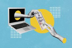 two hands holding money in front of a laptop on a blue and yellow dotted background