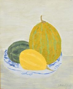 a painting of two melons and a squash on a plate