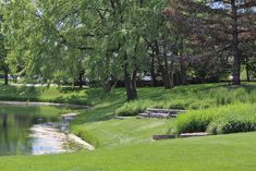 a pond in the middle of a park with trees and green grass on both sides