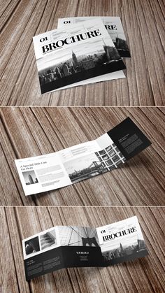 three fold brochure mockup on wooden table with white and black texting