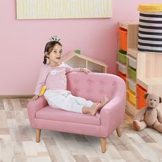 If you want to choose a lovely and comfortable sofa for your toddler, this 2-seat child sofa by Qaba is a great choice. The kids sofa is made of sturdy wood and breathable linen so it's quite comfortable, and provides seating for up to 2 kids. Thanks to the lightweight design, you can move the sofa around your home. The bright color and minimal design will capture the attention of your astute children. The leg is made of wood effect plastic and will protect your carpet. The soft seat and backres Wooden Frame Sofa, Toddler Sofa, Sofa Linen, Kids Couch, Mini Sofa, Kids Armchair, Pink Sofa, Kids Sofa, Playroom Furniture