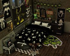 a bed room with a neatly made bed and lots of posters on the wall