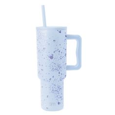 thermos cup has a straw in it and is white with purple speckles