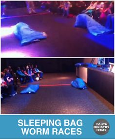 two pictures of people sitting on the floor in front of a stage with blue tarp covering them