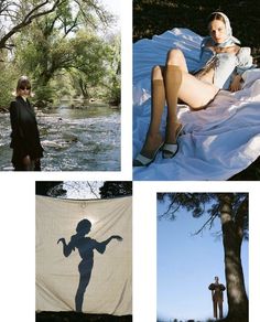 four different pictures of women in various poses, including one woman sitting on a blanket and the other standing next to a tree