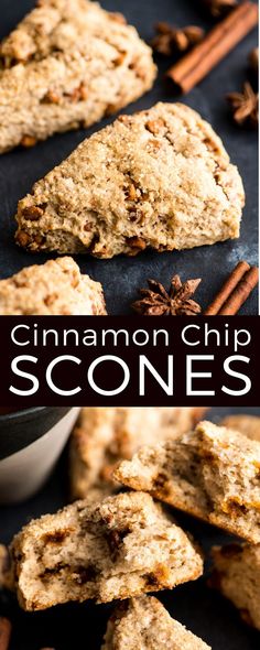 cinnamon chip scones on a baking sheet with cinnamon sticks and anisette in the background