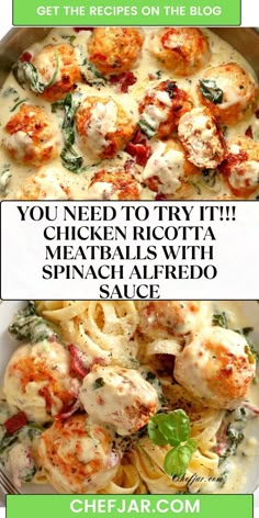 Tasty baked chicken meatballs with rich ricotta inside! Paired perfectly with creamy spinach Alfredo sauce. A comforting dinner favorite! Chicken Ricotta Meatballs, Spinach Alfredo Sauce, Meatballs With Spinach, Chicken Ricotta, Ricotta Meatballs, Baked Chicken Meatballs, Cultural Foods, Spinach Alfredo, Foods Around The World