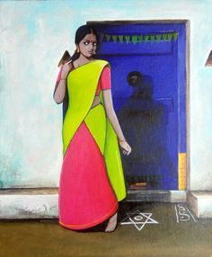 a painting of a woman standing in front of a blue door wearing a yellow and pink dress