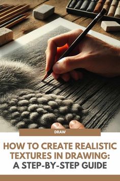 a person drawing on paper with the title how to create realistic textures in drawing a step - by - step guide