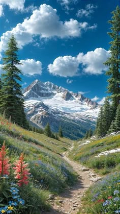 a painting of a mountain trail with wildflowers and trees in the foreground