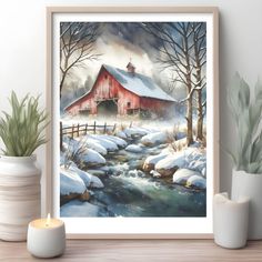 a painting of a red barn and stream in the winter with snow on the ground