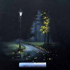 an oil painting of a street at night with yellow flowers on the ground and a lamp post