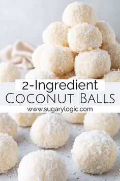 no - bake coconut balls with sugar on top and in the background text reads, no - bake 2 ingredient coconut balls