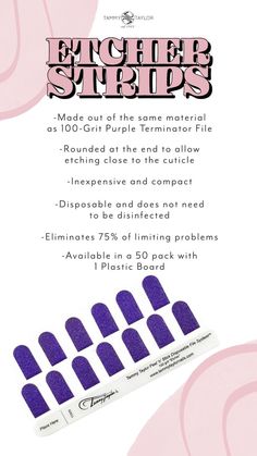 tammy taylor nails etcher strips nail prep nail files purple terminator elimates 75% of lifting problems acrylic application nail school nail technicians nail salon must have products Nail School, Acrylic Application, Must Have Products, Plastic Board, Stripped Nails, Nail Prep