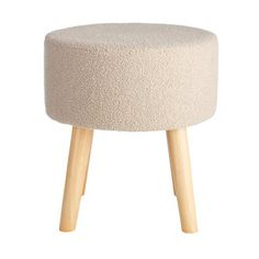 a white stool with wooden legs and a round seat cushion on the top of it