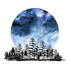 watercolor painting of trees and the night sky