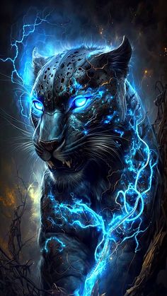 a painting of a black panther with blue eyes and lightning bolts in its fur, on a dark background