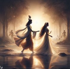 two women are dancing in the water with trees and sun shining through their hair, dressed in long white dresses