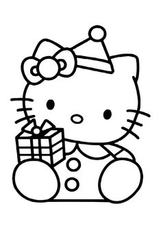 a hello kitty holding a gift box and wearing a santa hat