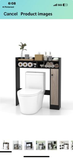 an image of a toilet and cabinet with pictures on the wall above it that says,'cannel product images '