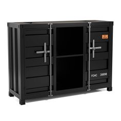 a black cabinet with two doors and three drawers on each side, one door open