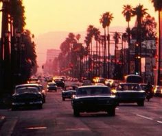 cars are driving down the street with palm trees on both sides and buildings in the background