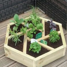 a wooden planter filled with lots of plants