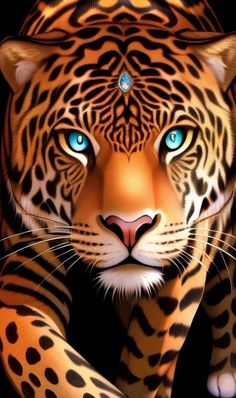 a painting of a tiger with blue eyes