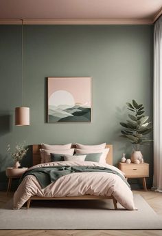 a bedroom with green walls and a bed in the middle, surrounded by two plants