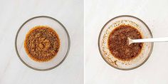 two pictures side by side showing the same amount of spices in a glass bowl with a spoon