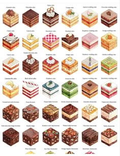 the different types of desserts are shown in this illustration, and it is very colorful