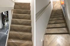 two pictures of the same staircase in different stages of being painted white and wood flooring