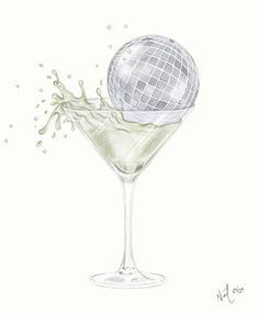 a drawing of a martini glass with a golf ball in it and splashing liquid