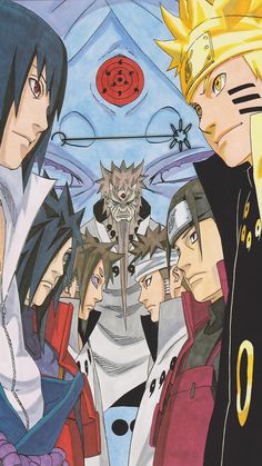 an image of some anime characters in the middle of a group with one cat on his head