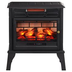 an electric stove with flames in it on a white background, showing the front and back sides