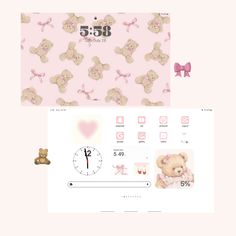 a pink wallpaper with teddy bears on it and a clock next to it,