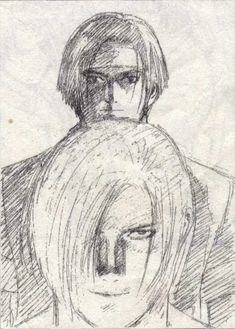 a black and white drawing of two people