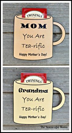 two coffee mugs with the words, mom you are tea -tric happy mother's day