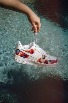 Custom Nike Air Force 1s with Colorful Rainbow Design Rainbow Nikes, Shoe Artwork, Nike Air Force 1s, Painted Sneakers, Air Force 1s, Custom Kicks, Custom Air Force 1, Custom Nikes, Womens Tie