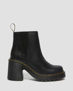 Spence Leather Flared Heel Chelsea Boots | Dr. Martens Dr Martens Chelsea, Heel Chelsea Boots, Heeled Chelsea Boots, On Top Of The World, Shoe Polish, Leather Heeled Boots, Wardrobe Inspiration, Black Chelsea Boots, Top Of The World