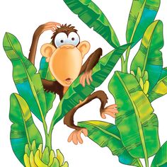 a monkey sitting on top of a banana tree next to some green leaves and bananas