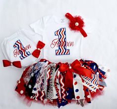 two shirts with red, white and blue ruffles on them