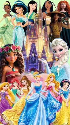 the disney princesses are all dressed up in their dresses and tias for this poster