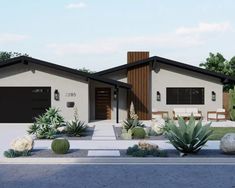 a rendering of a house with cactus and cacti in the front yard area