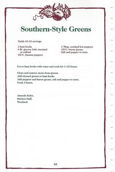 the menu for southern style greens