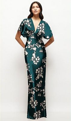 Plunge Neck Kimono Sleeve Floral Satin Bias Maxi Bridesmaid Dress In Vintage Primrose | The Dessy Group Fitted Satin Maxi Dress With Floral Print, Formal Green Bias Cut Maxi Dress, Spring Satin Maxi Dress With Short Sleeves, Satin Maxi Dress With Floral Print, Green Printed Evening Dress, Vintage V-neck Evening Maxi Dress, Elegant Printed Maxi Dress For Wedding, Green Floral Print Maxi Dress For Wedding, Floral Print Satin Maxi Dress